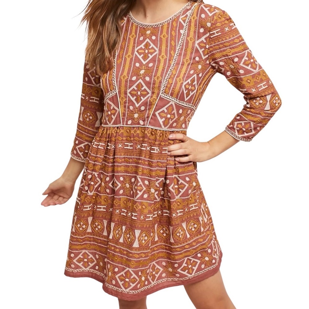 Love Sam Anthropologie Embroidered Natalia Mini Dress Terracotta XS 3/4 Sleeve